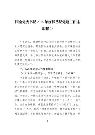 国企党委书记2025年度抓基层党建工作述职报告