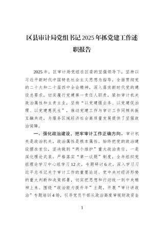 区县审计局党组书记2025年抓党建工作述职报告