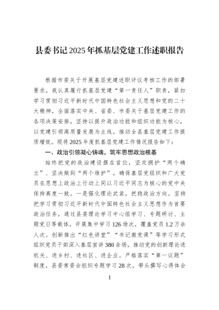 县委书记2025年抓基层党建工作述职报告