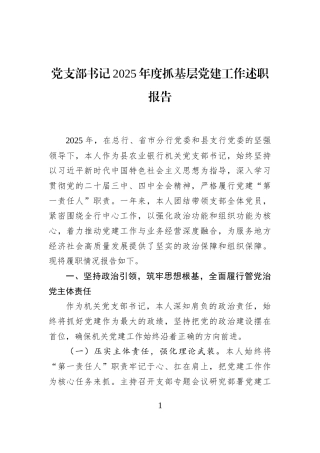 党支部书记2025年度抓基层党建工作述职报告