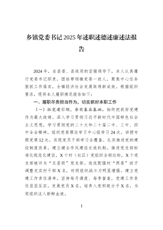 乡镇党委书记2025年述职述德述廉述法报告