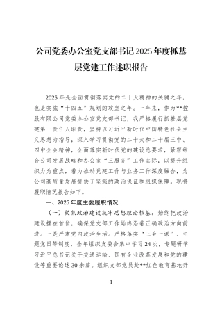 公司党委办公室党支部书记2025年度抓基层党建工作述职报告