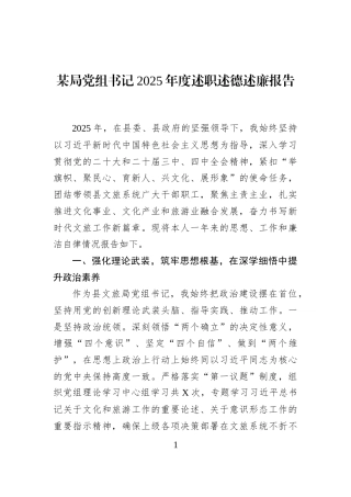 某局党组书记2025年度述职述德述廉报告