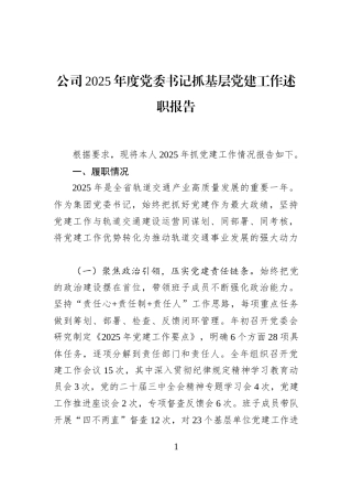 公司2025年度党委书记抓基层党建工作述职报告