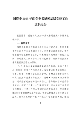 国资委2025年度党委书记抓基层党建工作述职报告
