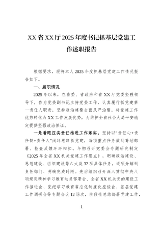 XX省XX厅2025年度书记抓基层党建工作述职报告