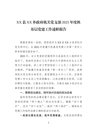 XX县XX乡政府机关党支部2025年度抓基层党建工作述职报告