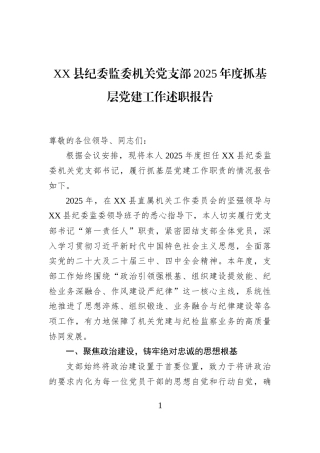 XX县纪委监委机关党支部2025年度抓基层党建工作述职报告