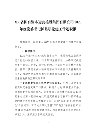 XX省国有资本运营控股集团有限公司2025年度党委书记抓基层党建工作述职报