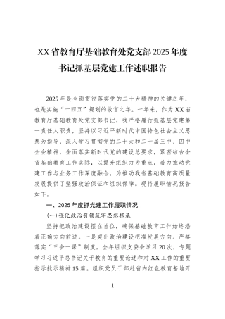XX省教育厅基础教育处党支部2025年度书记抓基层党建工作述职报告