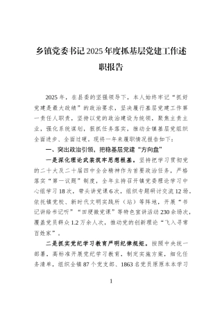 乡镇党委书记2025年度抓基层党建工作述职报告