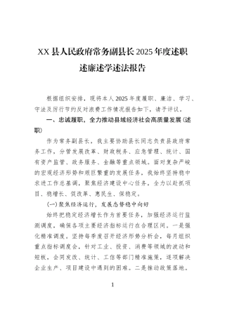 XX县人民政府常务副县长2025年度述职述廉述学述法报告