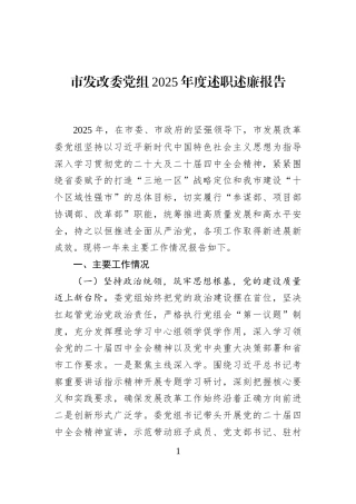 市发改委党组2025年度述职述廉报告