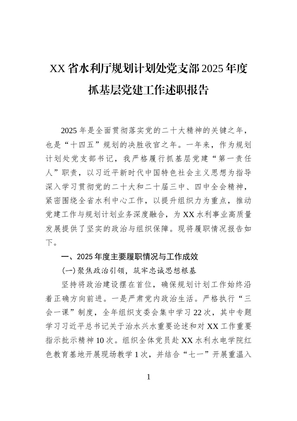 XX省水利厅规划计划处党支部2025年度抓基层党建工作述职报告_第1页