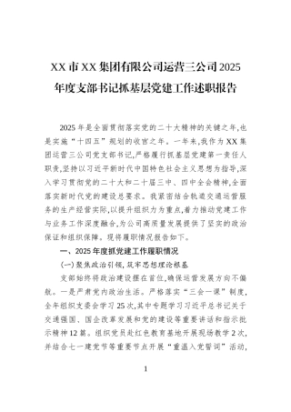 XX市XX集团有限公司运营三公司2025年度支部书记抓基层党建工作述职报告