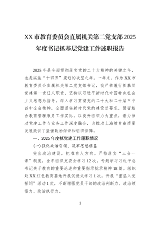 XX市教育委员会直属机关第二党支部2025年度书记抓基层党建工作述职报告