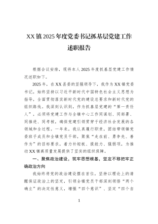 XX镇2025年度党委书记抓基层党建工作述职报告