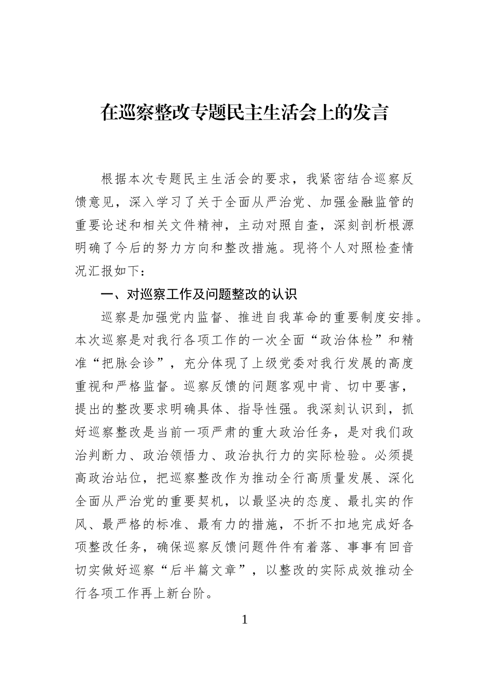 在巡察整改专题民主生活会上的发言_第1页
