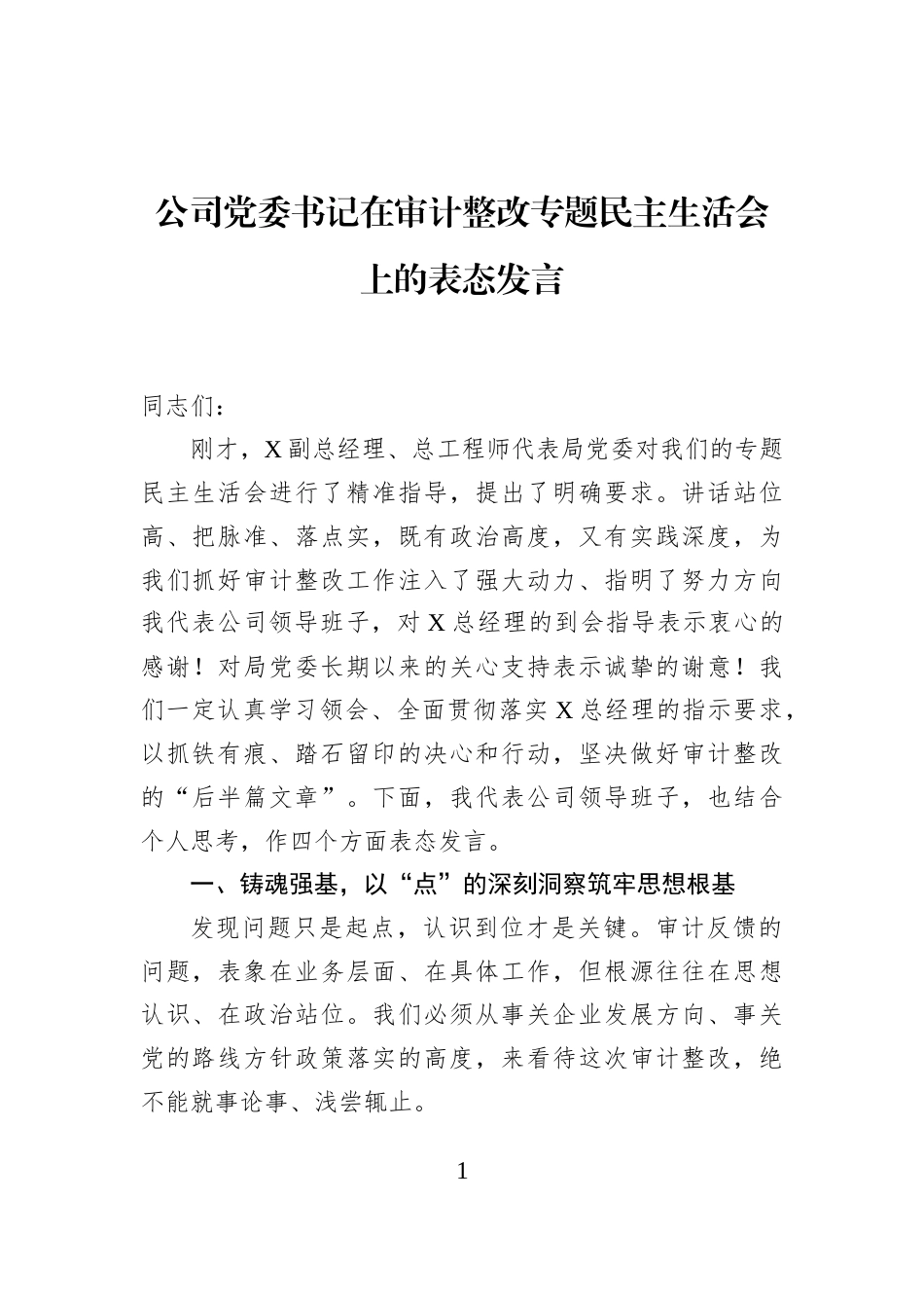 公司党委书记在审计整改专题民主生活会上的表态发言_第1页