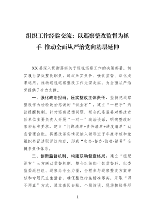 组织工作经验交流：以巡察整改监督为抓手+推动全面从严治党向基层延伸
