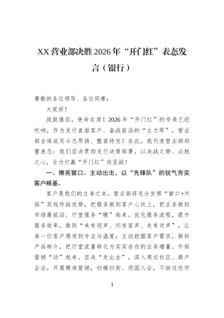 XX营业部决胜2026年“开门红”表态发言（银行）