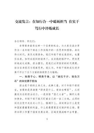 交流发言：在知行合一中砥砺担当+在实干笃行中淬炼成长