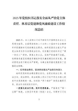 2025年党组织书记落实全面从严治党主体责任、抓基层党建和党风廉政建设工作情况总结