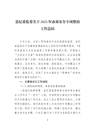 县纪委监委关于2025年办案安全专项整治工作总结