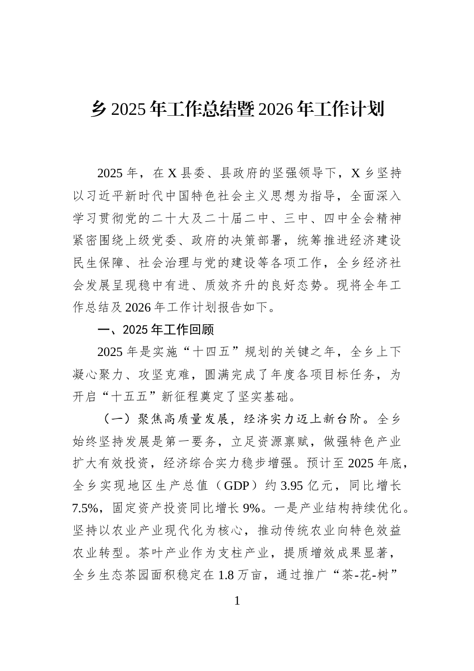 乡2025年工作总结暨2026年工作计划_第1页