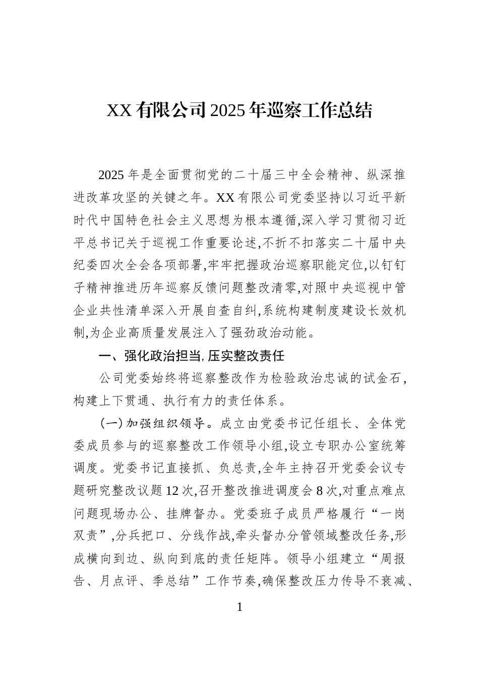 XX有限公司2025年巡察工作总结_第1页