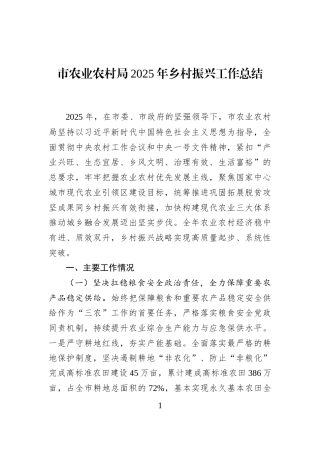 市农业农村局2025年乡村振兴工作总结