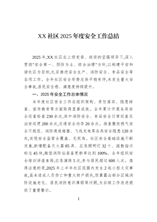 XX社区2025年度安全工作总结
