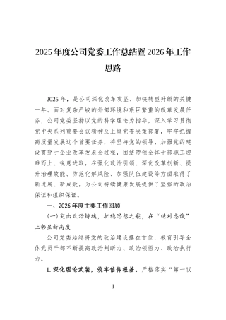 2025年度公司党委工作总结暨2026年工作思路