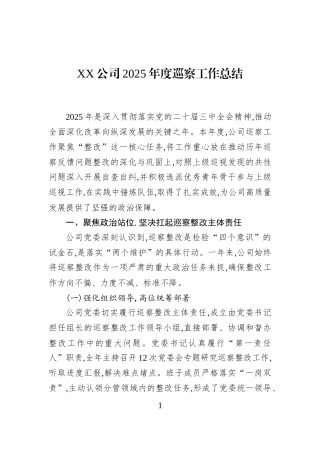 XX公司2025年度巡察工作总结