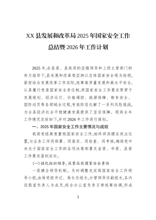 XX县发展和改革局2025年国家安全工作总结暨2026年工作计划