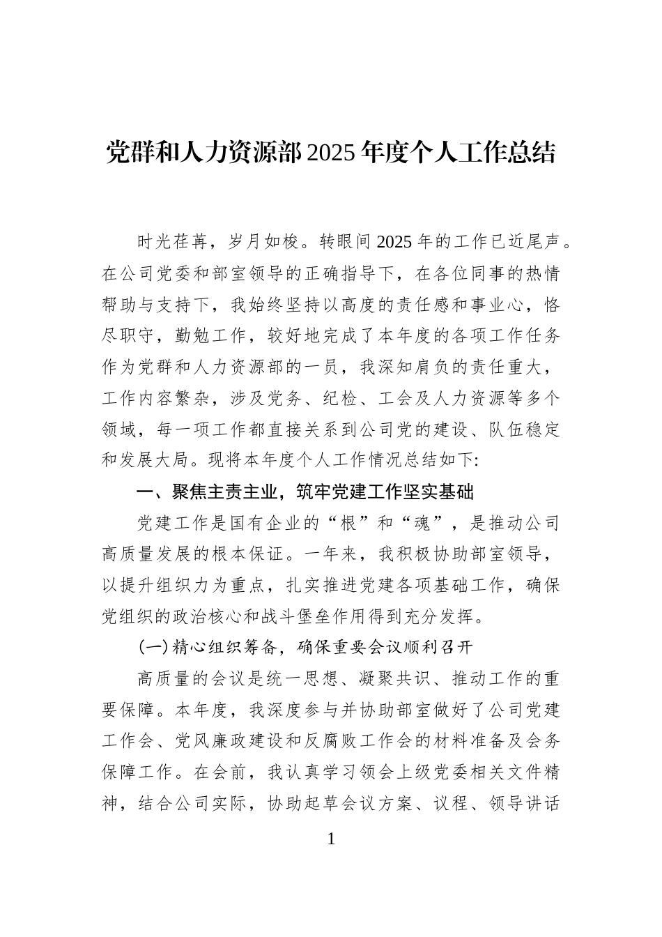 党群和人力资源部2025年度个人工作总结_第1页