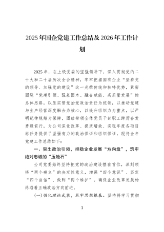 2025年国企党建工作总结及2026年工作计划
