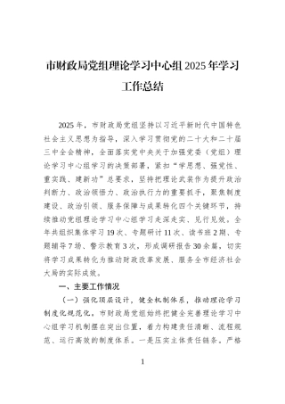 市财政局党组理论学习中心组2025年学习工作总结