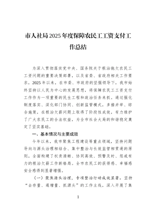 市人社局2025年度保障农民工工资支付工作总结