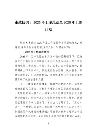 市政协关于2025年工作总结及2026年工作计划