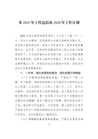 乡2025年工作总结及2026年工作计划
