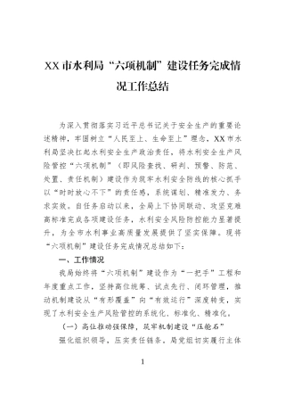 XX市水利局“六项机制”建设任务完成情况工作总结