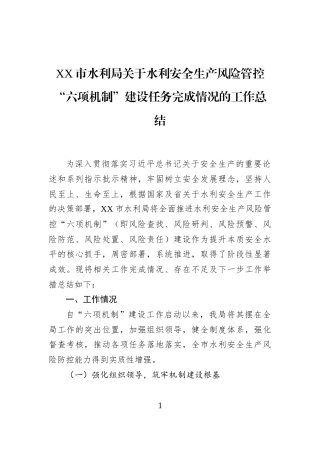XX市水利局关于水利安全生产风险管控“六项机制”建设任务完成情况的工作总结