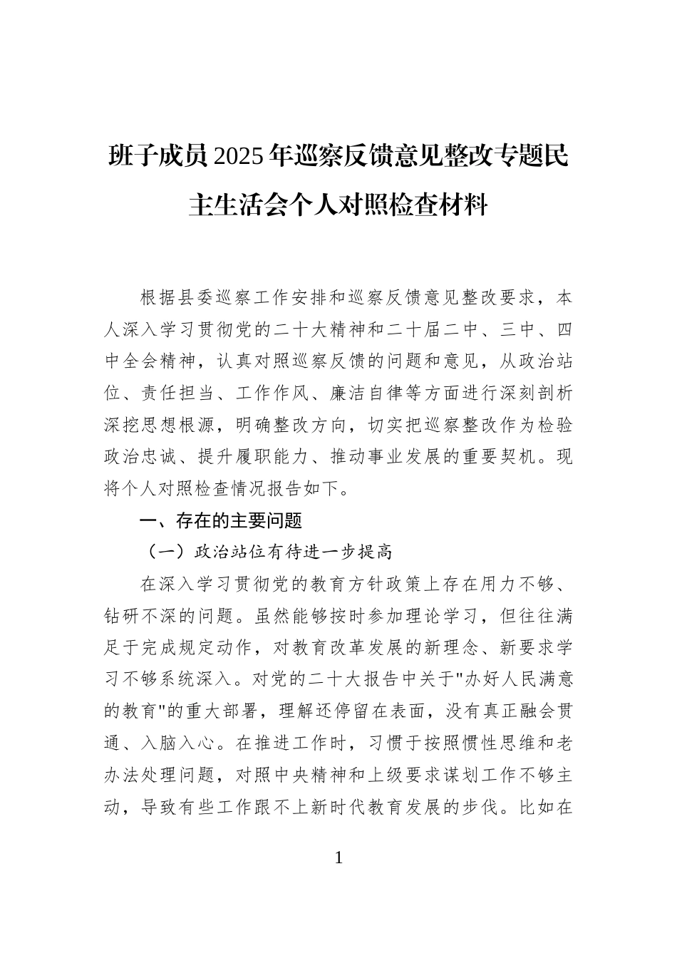 班子成员2025年巡察反馈意见整改专题民主生活会个人对照检查材料_第1页