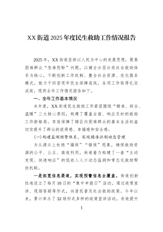 XX街道2025年度民生救助工作情况报告