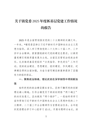 关于镇党委2025年度抓基层党建工作情况的报告