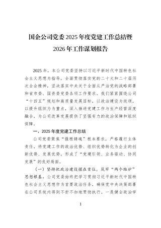 国企公司党委2025年度党建工作总结暨2026年工作谋划报告