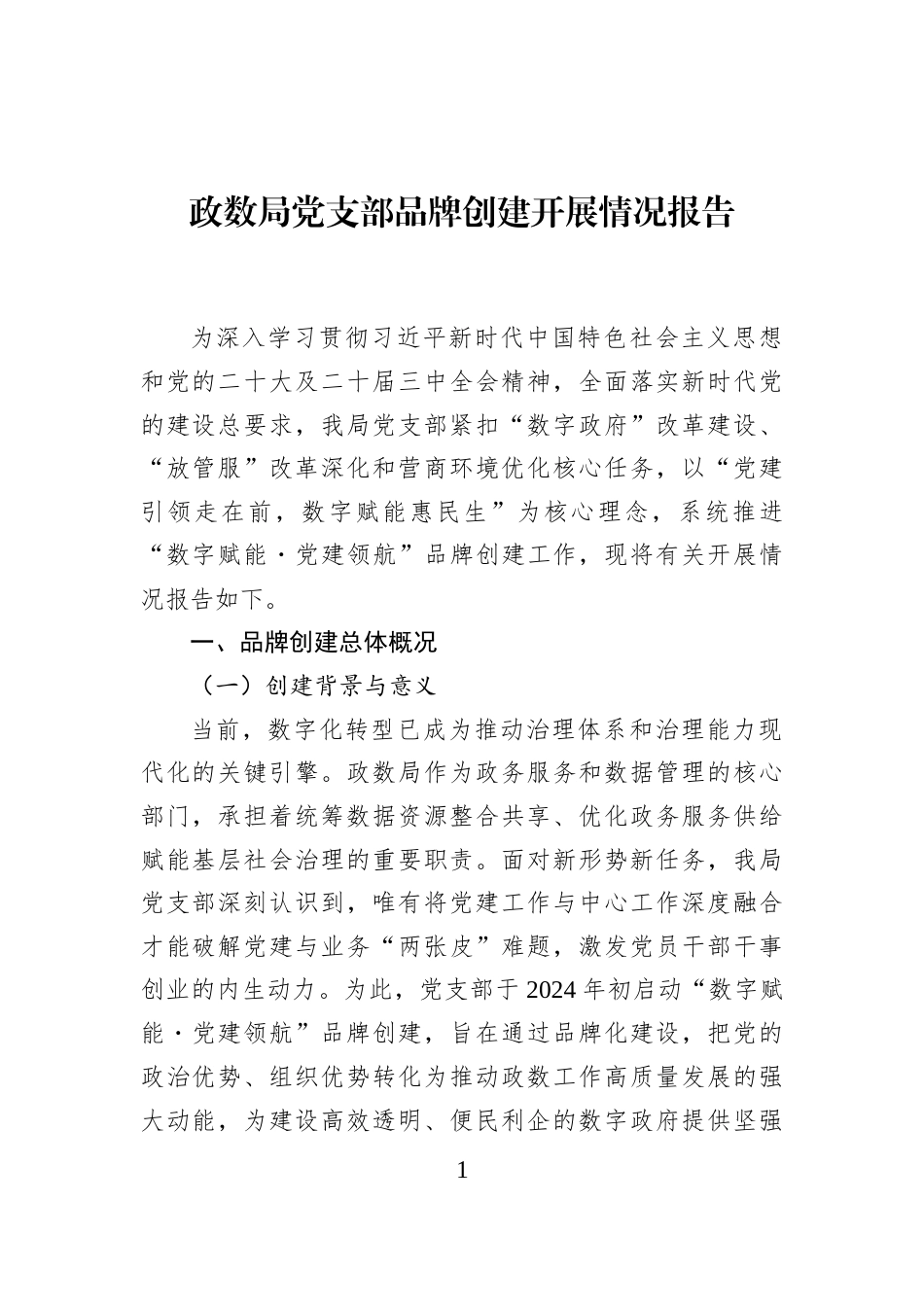 政数局党支部品牌创建开展情况报告_第1页