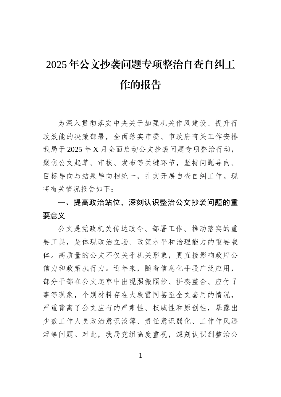 2025年公文抄袭问题专项整治自查自纠工作的报告_第1页