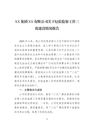 XX集团XX有限公司关于纪检监察工作三化建设情况报告